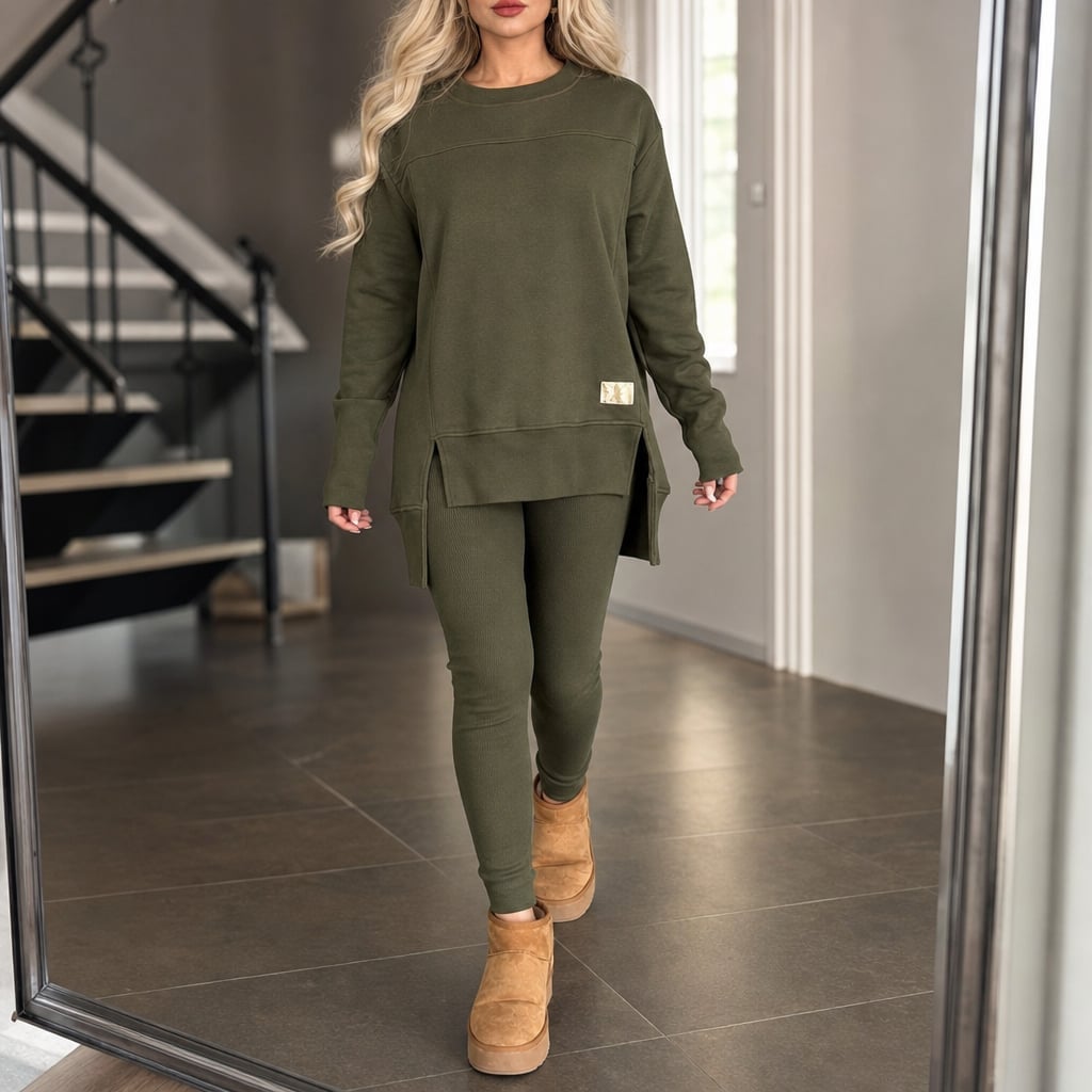 Olive Green Ribbed Knit Sweatpants with a Long-Sleeve Top Olive Green Ribbed Knit Sweatpants with a Long-Sleeve Top — Green Sweatpants Outfit