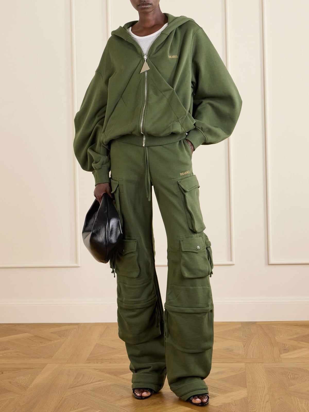 Olive Green Cargo Sweatpants with a Zip-Up Hoodie and Open-Toe Heels Olive Green Cargo Sweatpants with a Zip-Up Hoodie and Open-Toe Heels — Green Sweatpants Outfit