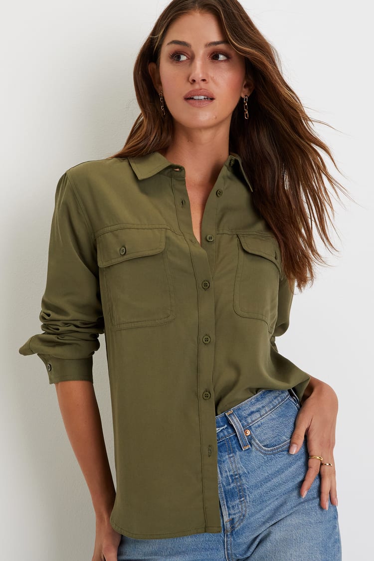 Olive Green Twill Button Up Shirt With Denim Jeans — Green Top Outfits