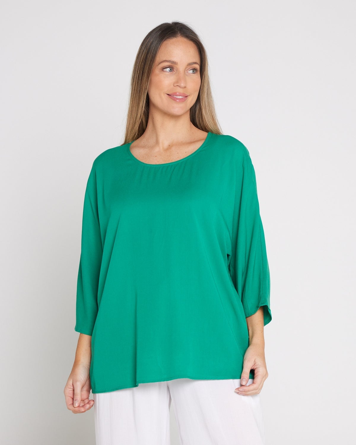 Emerald Green Oversized Top With Three Quarter Sleeves — Green Top Outfits