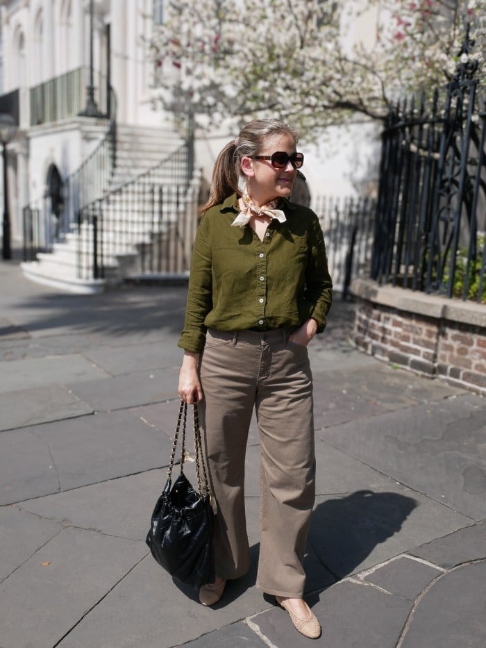 Olive Green Linen Button Up Shirt With Beige Trousers — Green Top Outfits