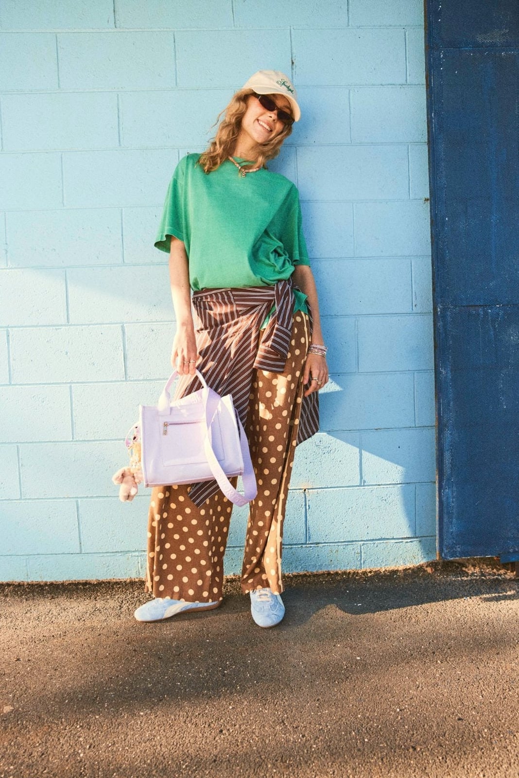 Oversized Green T Shirt With Patterned Wide Leg Trousers — Green Top Outfits