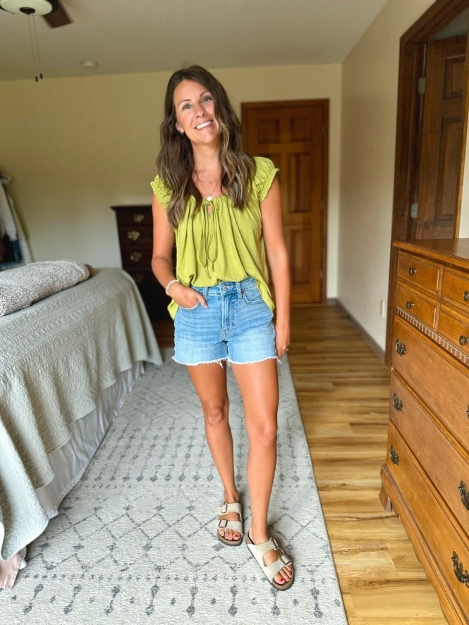 Lime Green Oversized Tie Neck Top With Denim Shorts, Close-Up Take — Green Top Outfits