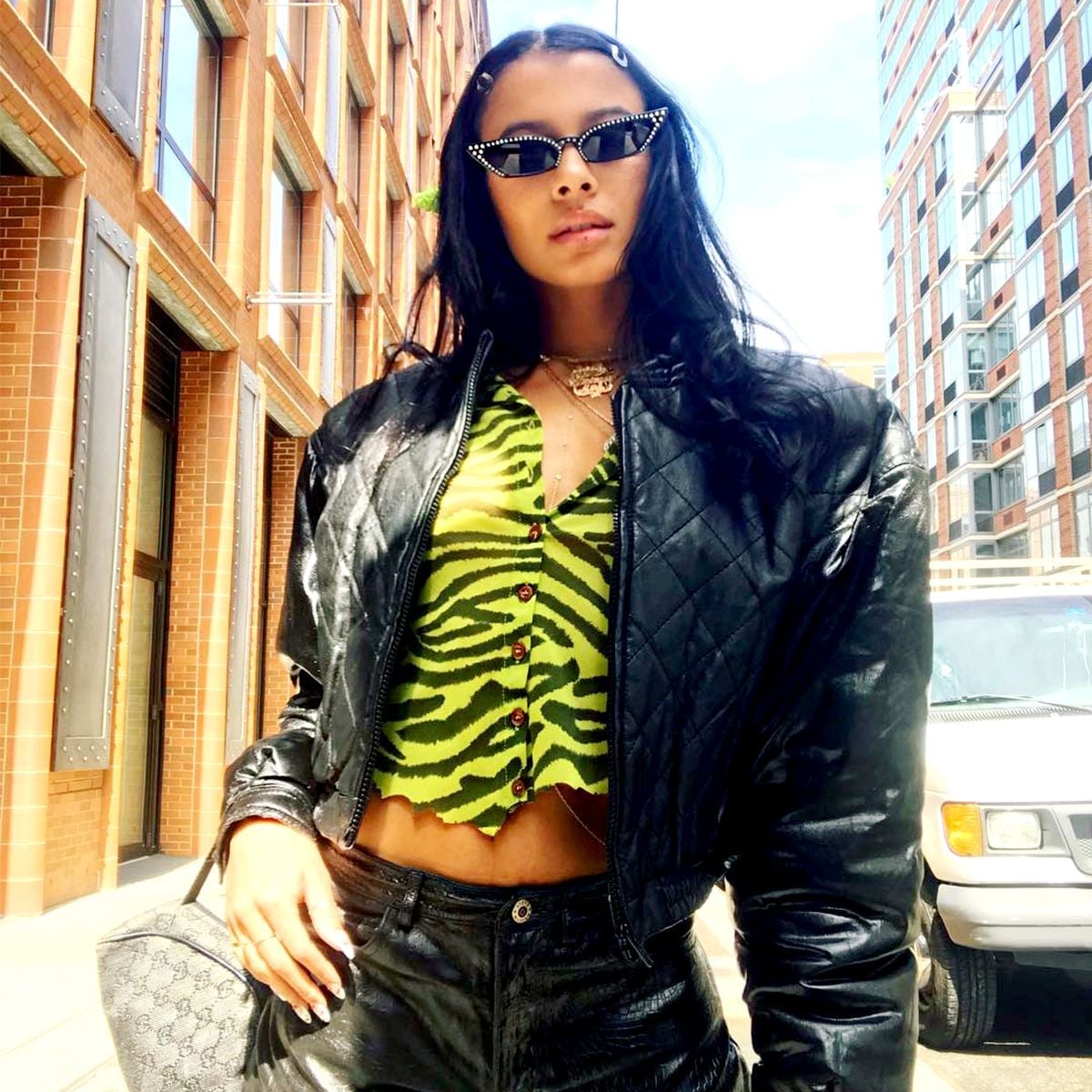 Lime Green Zebra Print Cardigan With Black Leather, Close-Up Take — Green Top Outfits