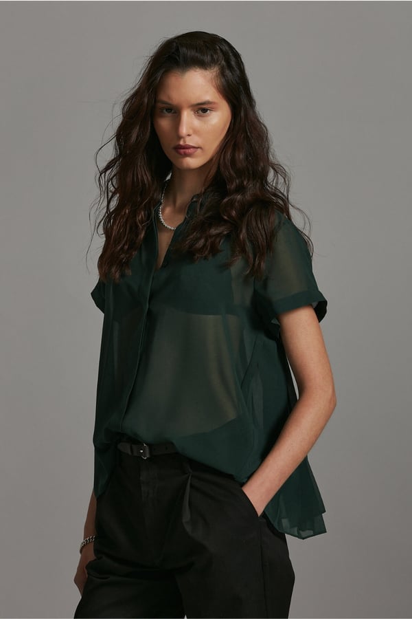 Sheer Dark Green Button Up Shirt With Black, Office-Safe Version — Green Top Outfits