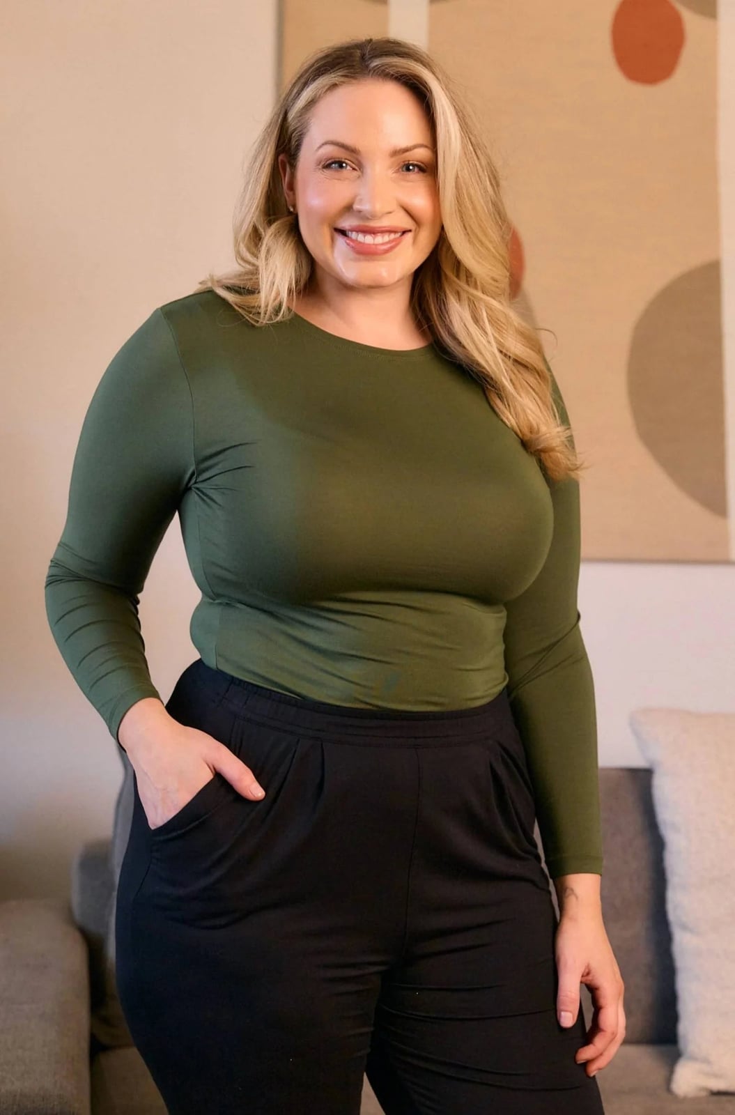 Olive Green Jersey Long Sleeve Top With Black Trousers, Close-Up Take — Green Top Outfits