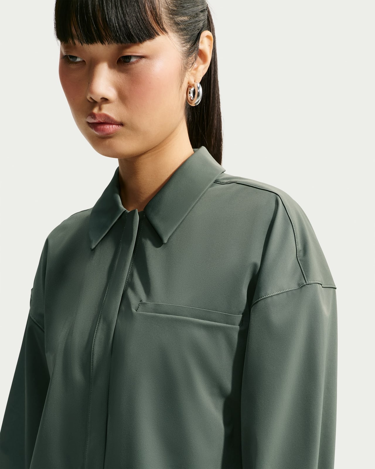 Sage Green Oversized Collared Shirt With Chest Pocket — Green Top Outfits