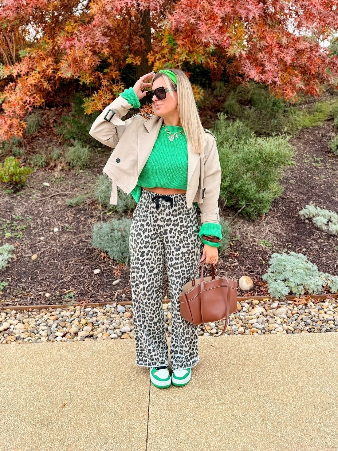 Bright Green Cropped Sweater With Leopard Print Pants — Green Top Outfits