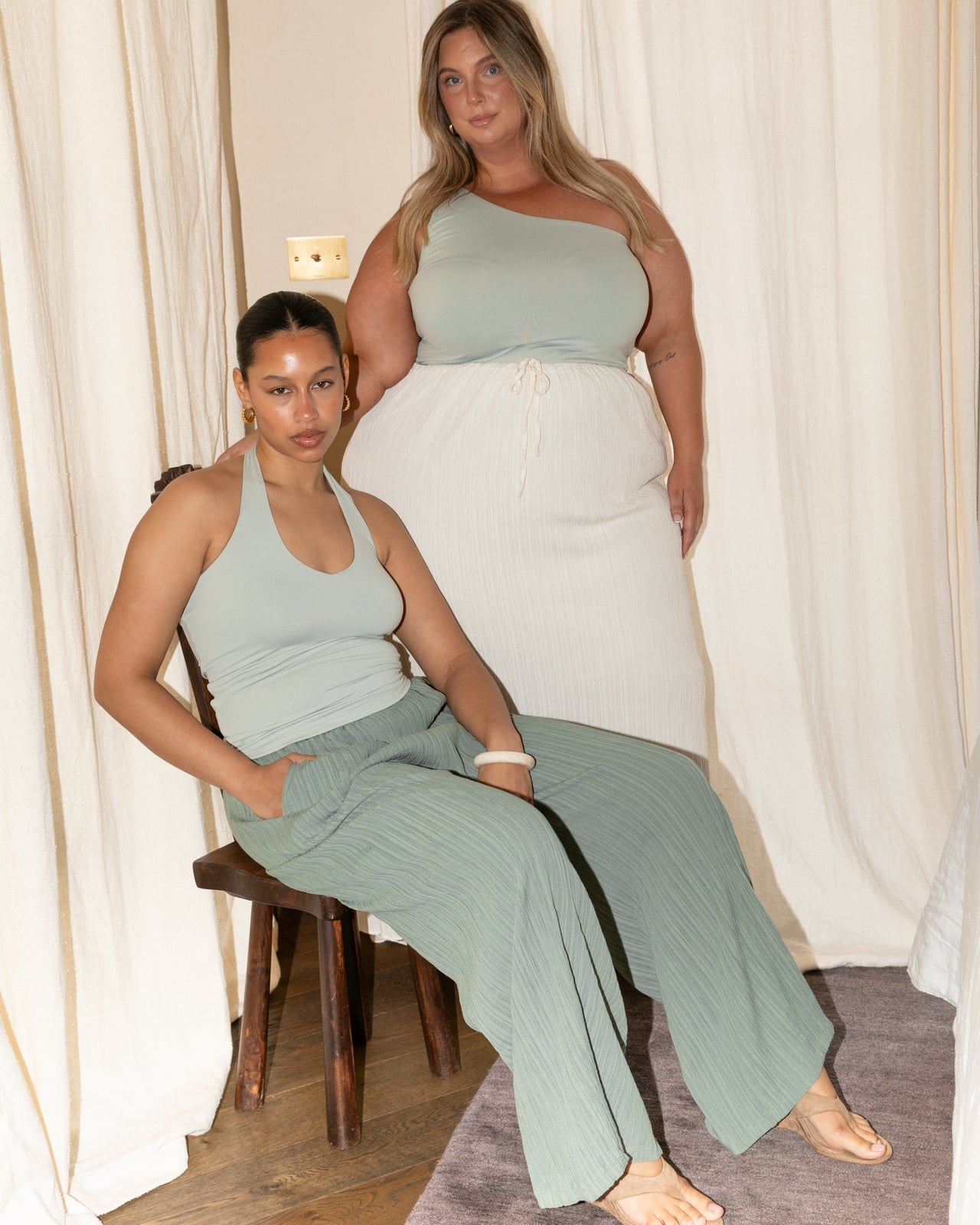 Sage Green One Shoulder Top With Cream Wide Leg Trousers — Green Top Outfits