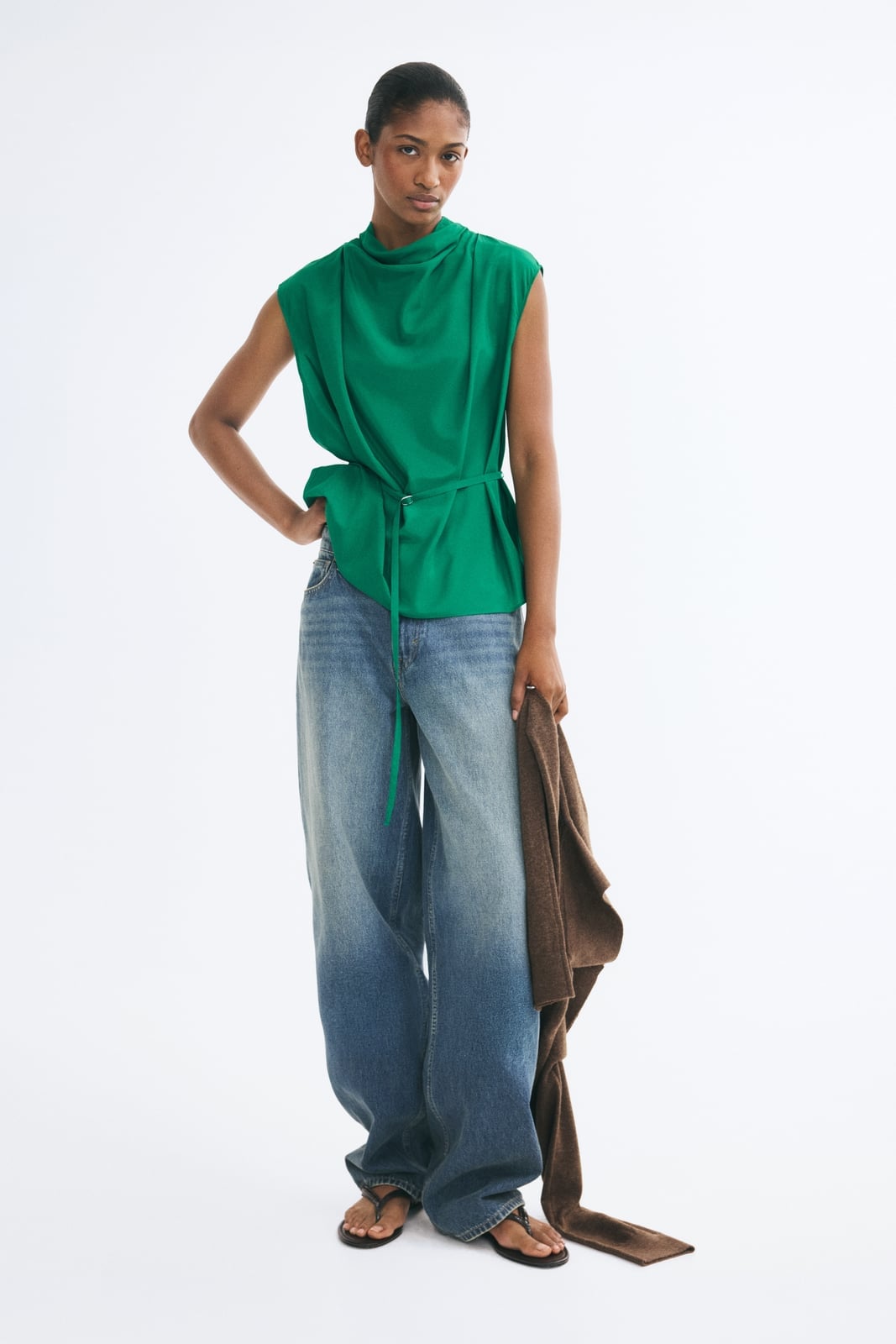 Emerald Green Cowl Neck Top With Gradient Wide Leg, Close-Up Take — Green Top Outfits