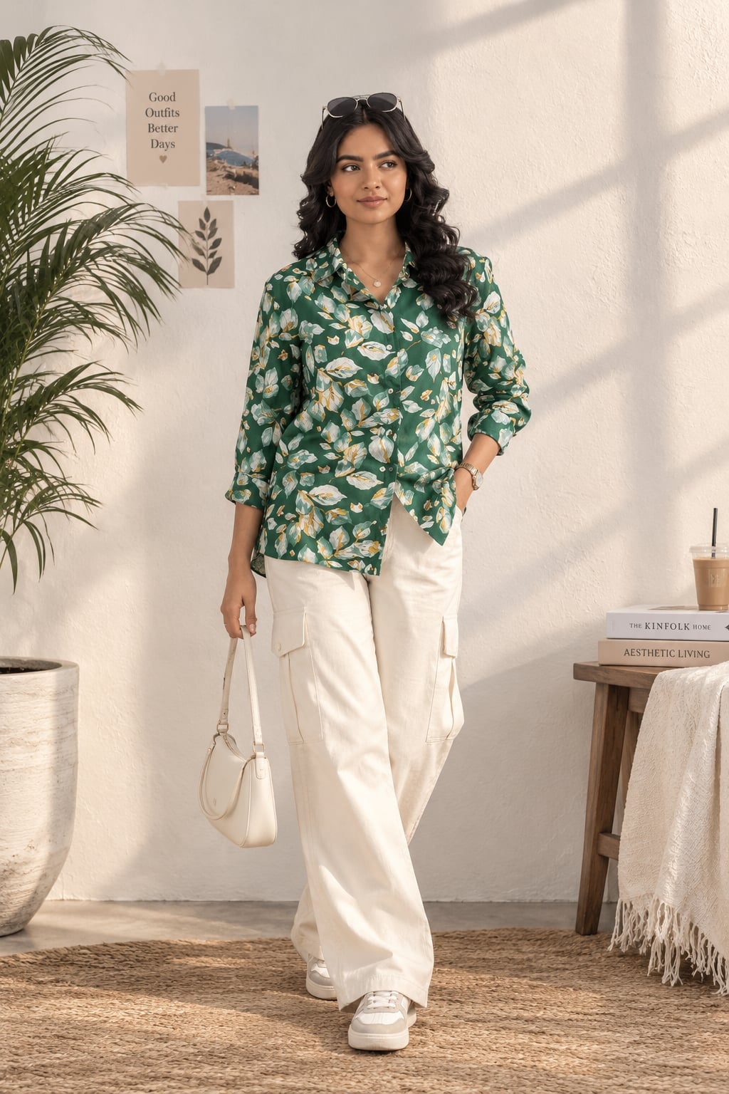 Green Floral Print Satin Shirt With Cream Cargo Pants — Green Top Outfits