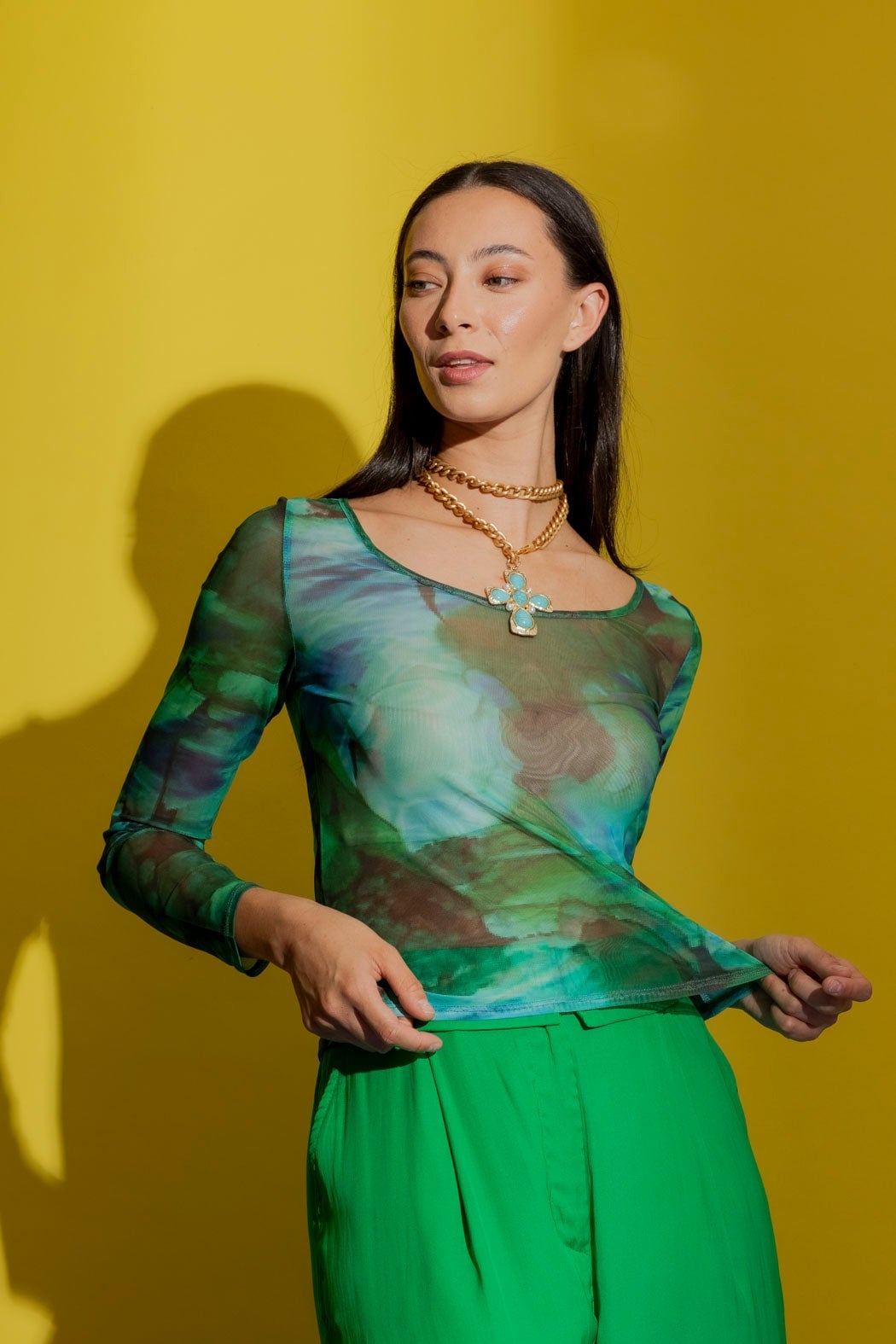 Green Abstract Print Mesh Top With Bright Green Trousers — Green Top Outfits