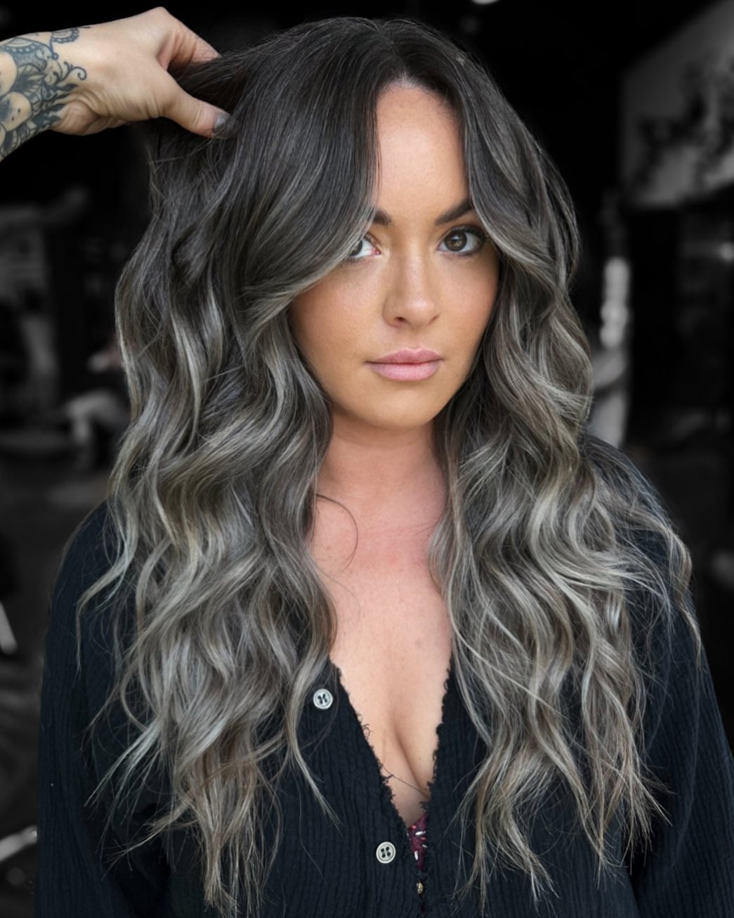 Long Layers With Gray Highlights And Curtain Bangs Long Layers With Gray Highlights And Curtain Bangs — Grey Highlights