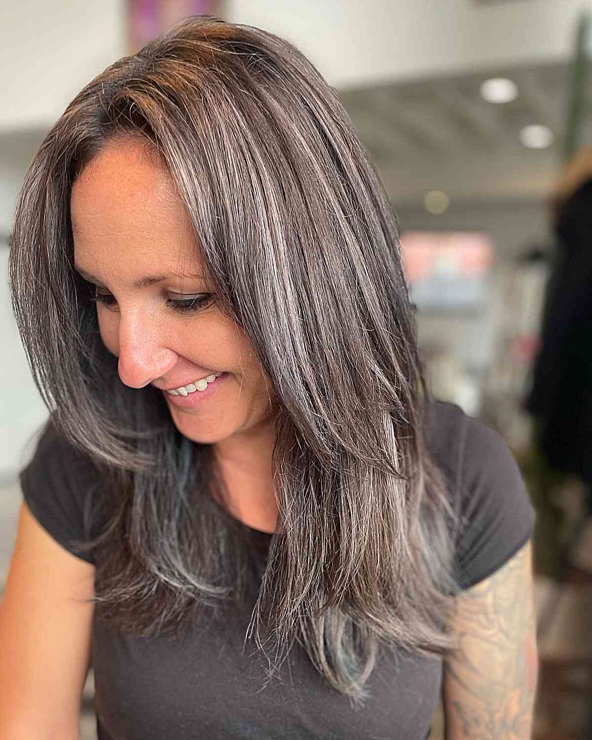 Shoulder Length Layers With Dark Base And Gray Highlights Shoulder Length Layers With Dark Base And Gray Highlights — Grey Highlights
