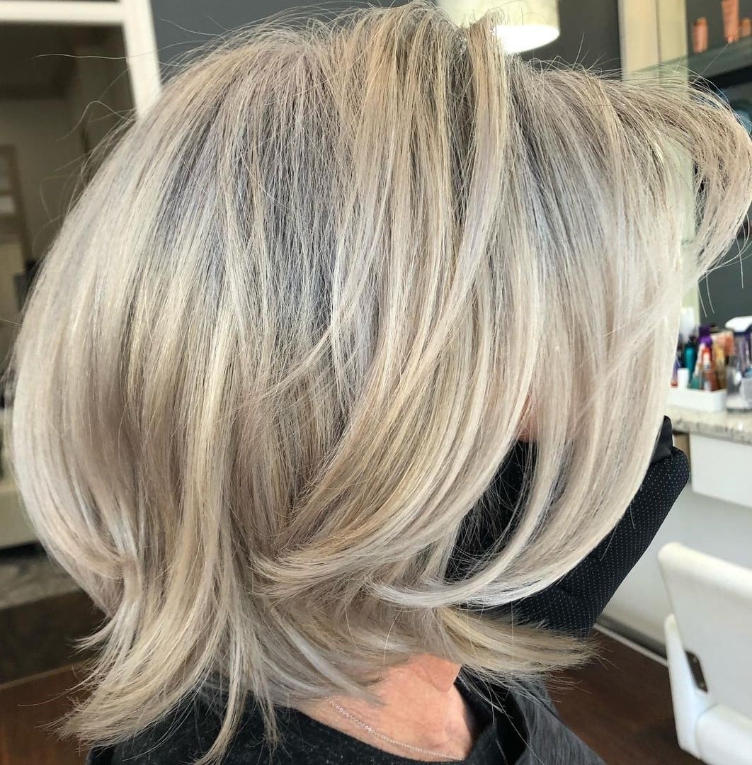 Chin Length Ash Blonde Bob With Gray Highlights Chin Length Ash Blonde Bob With Gray Highlights — Grey Highlights