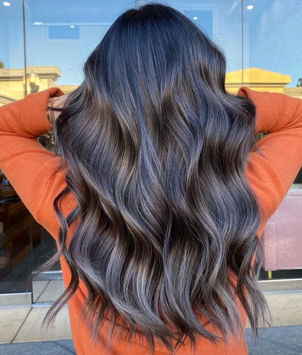 Collarbone Lob With Dark Brown Base And Gray, Everyday Version Collarbone Lob With Dark Brown Base And Gray, Everyday Version — Grey Highlights