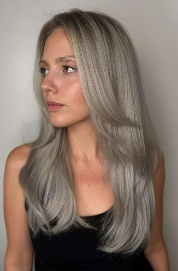 Mid-Back Layers With Silver Highlights and Curtain Bangs Mid-Back Layers With Silver Highlights and Curtain Bangs — Grey Highlights