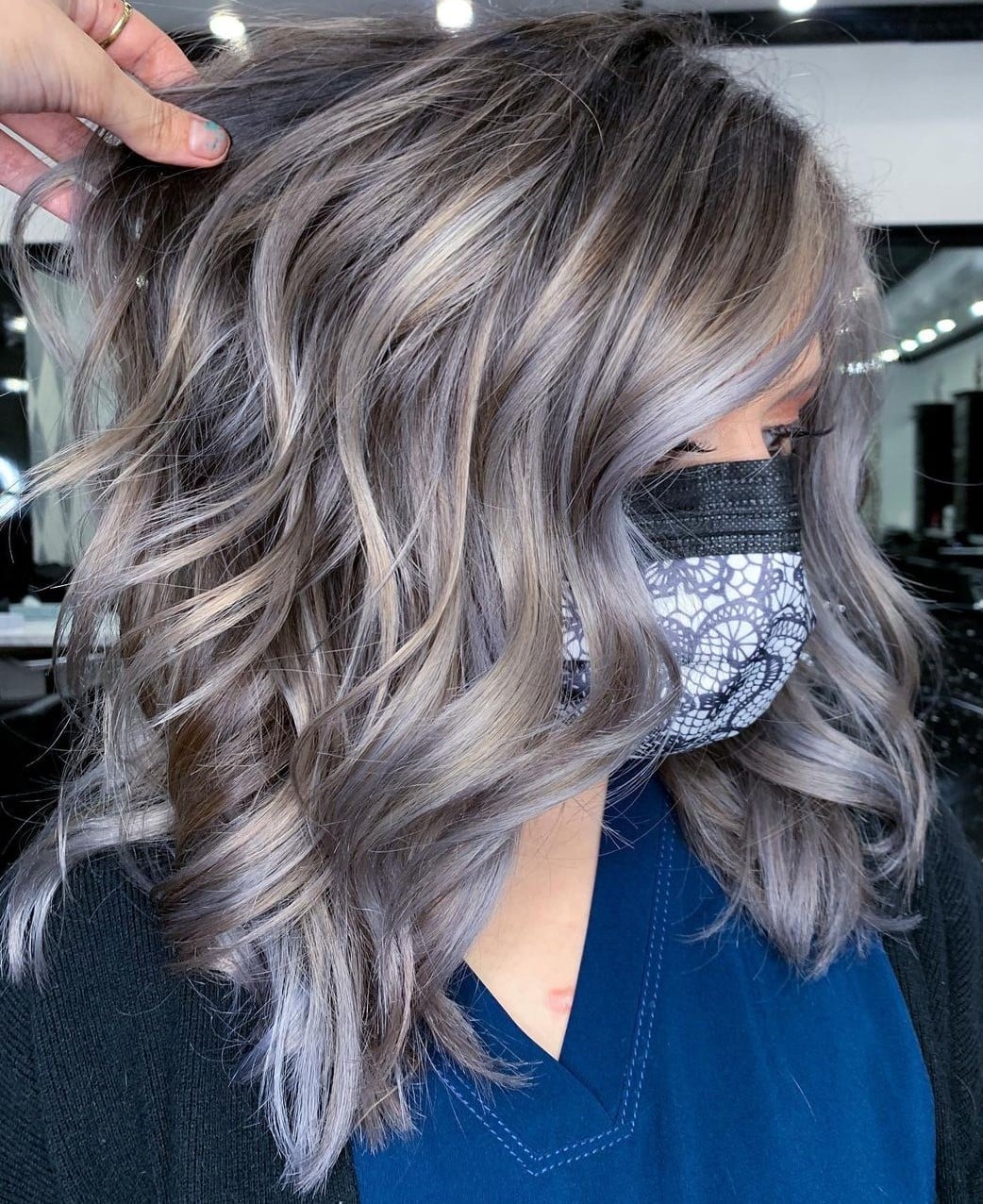 Collarbone Lob Dark Brown With Gray Highlights and Wavy Blowout Collarbone Lob Dark Brown With Gray Highlights and Wavy Blowout — Grey Highlights