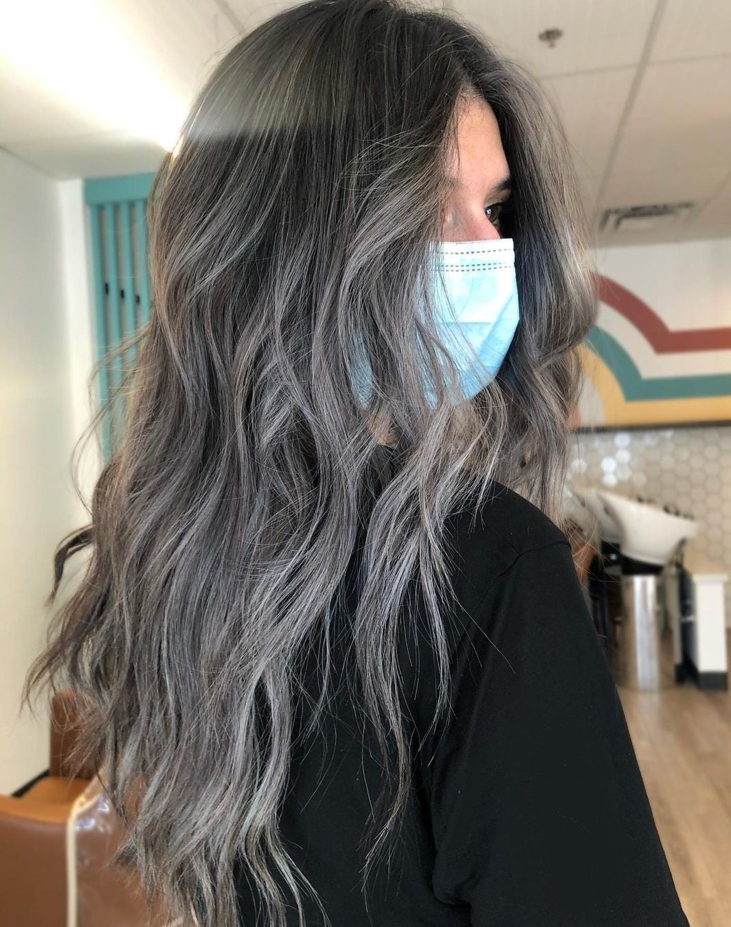 Collarbone Lob Dark Brown With Gray Highlights, Close-Up Take Collarbone Lob Dark Brown With Gray Highlights, Close-Up Take — Grey Highlights