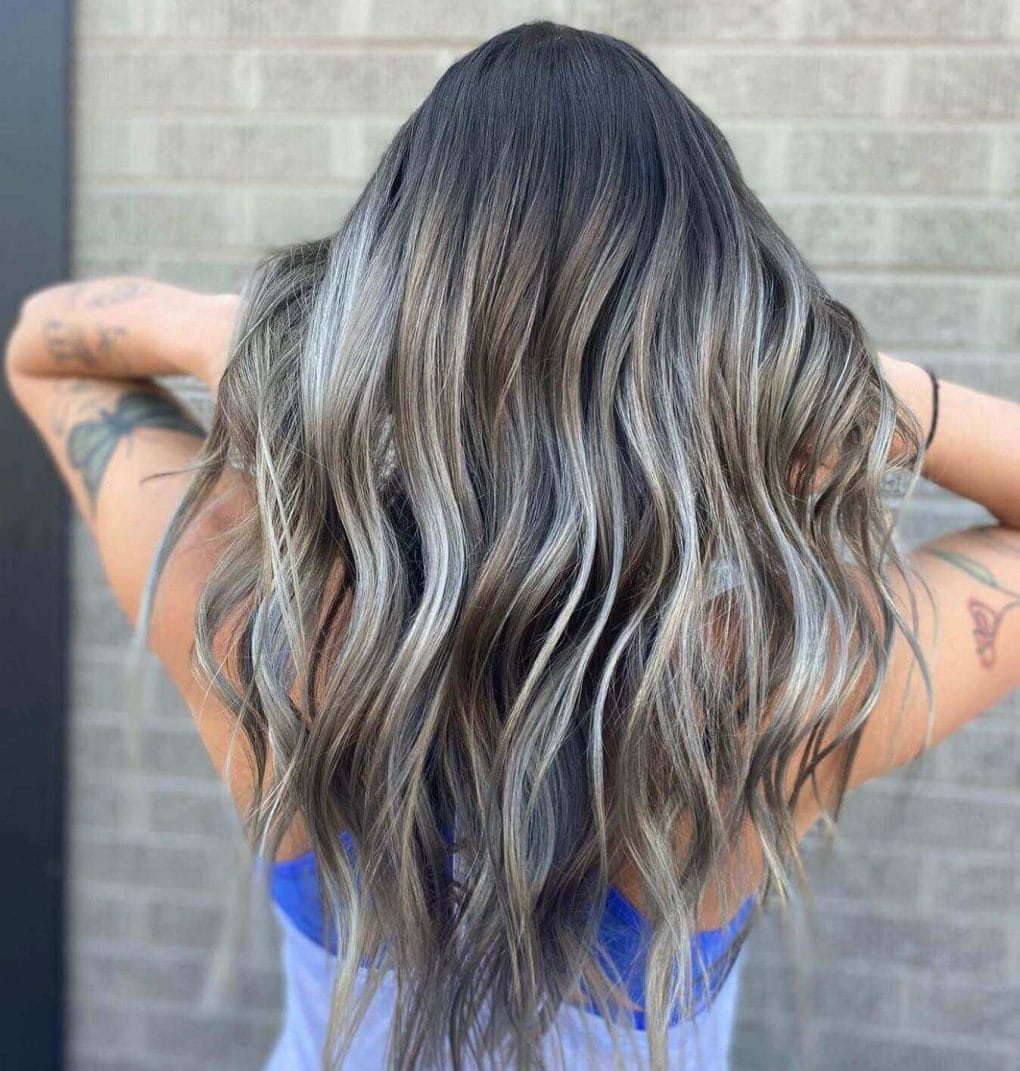Mid-Back Waves With Silver and Gray Highlights Mid-Back Waves With Silver and Gray Highlights — Grey Highlights