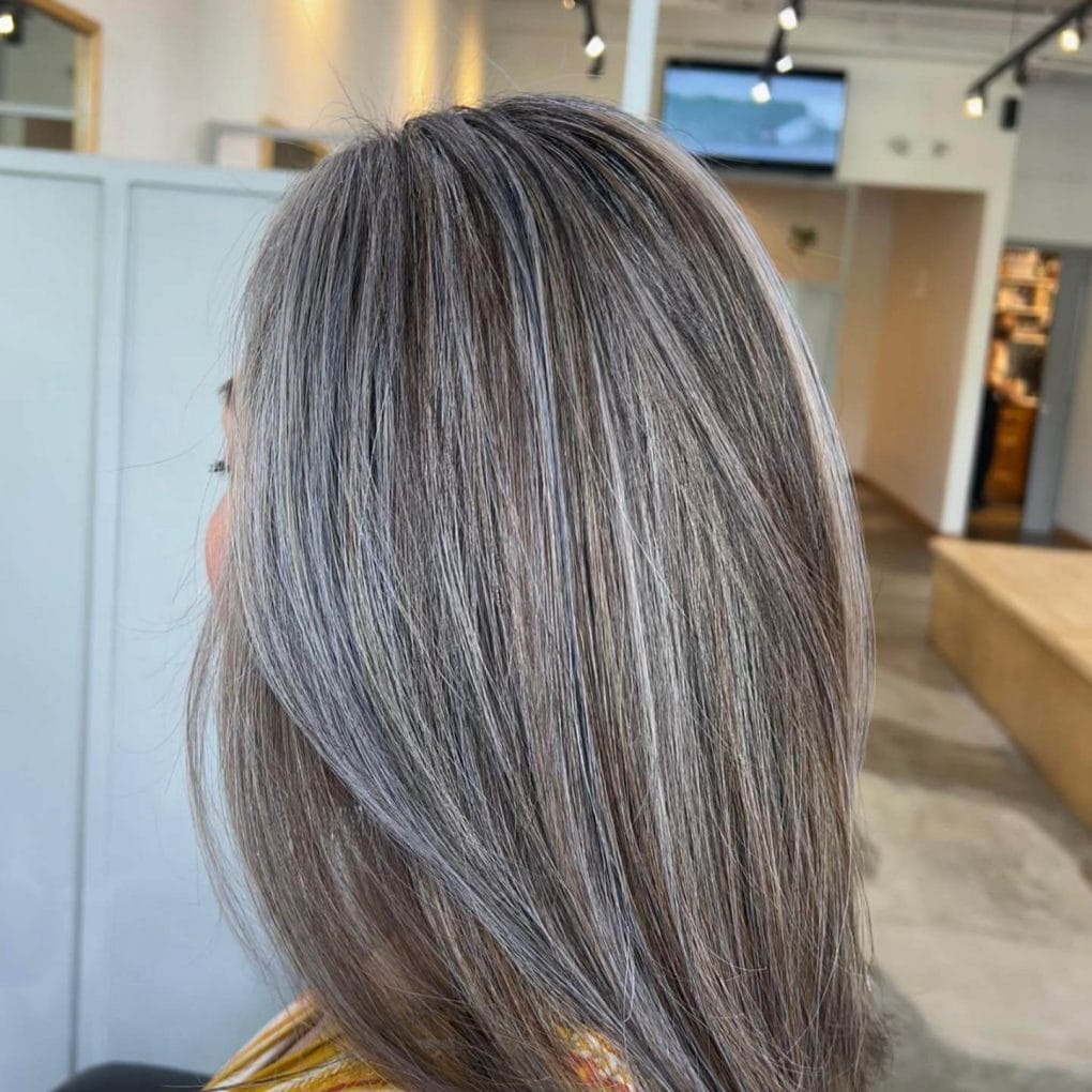Mid-Back Waves With Silver Highlights and Parted In The Middle Mid-Back Waves With Silver Highlights and Parted In The Middle — Grey Highlights