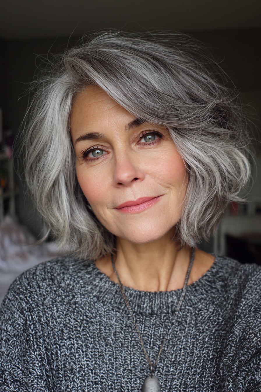 Chin Bob With Curtain Bangs And Gray Highlights Chin Bob With Curtain Bangs And Gray Highlights — Grey Highlights