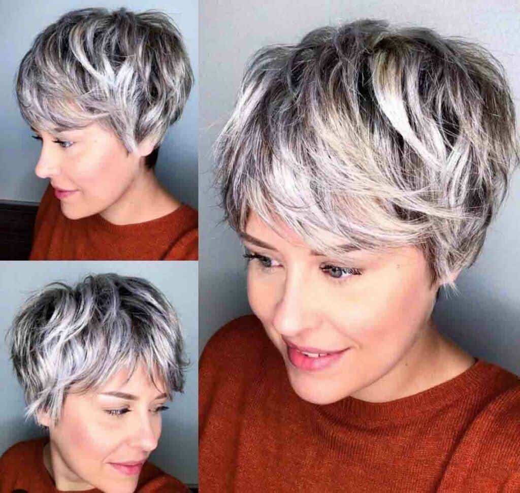 Short Pixie With White Highlights On Gray Base Short Pixie With White Highlights On Gray Base — Grey Highlights