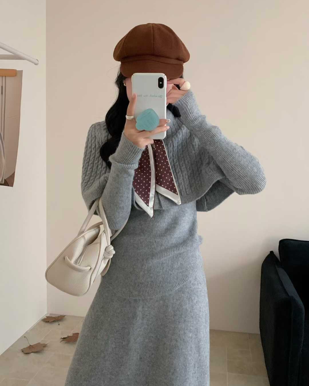 Grey Knit Set With Brown Beret And Scarf