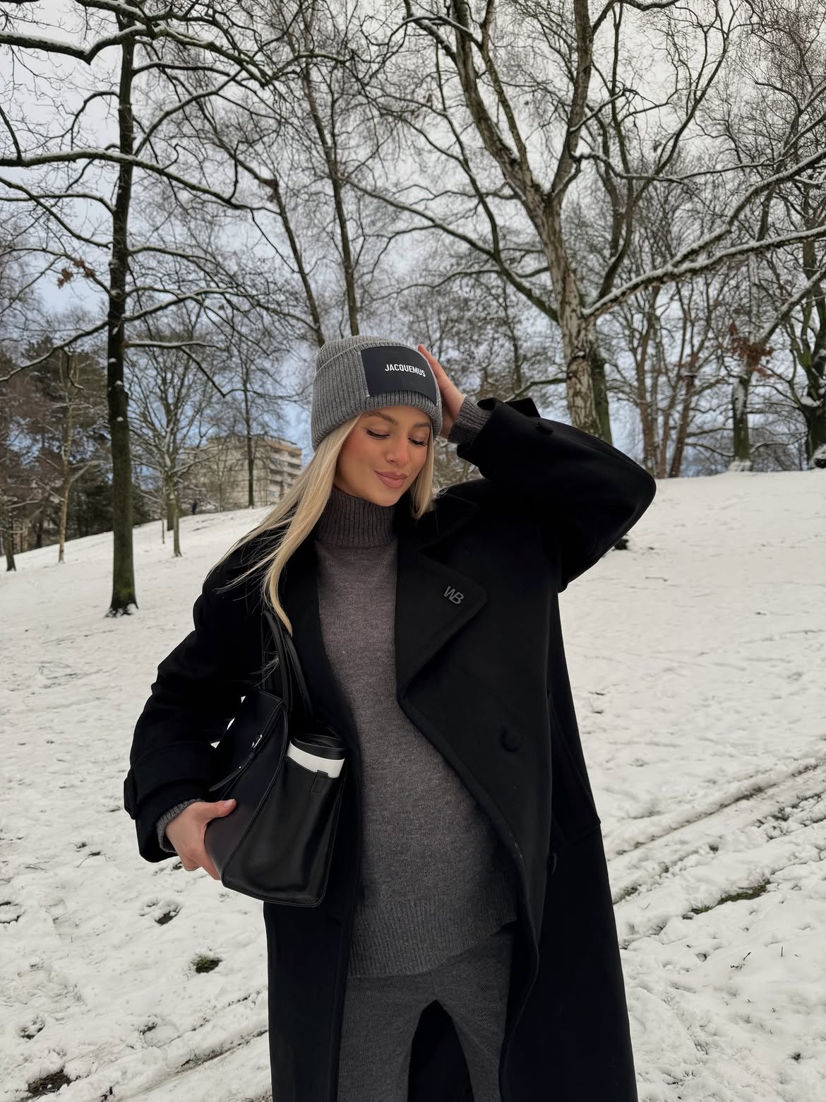 Grey Knit Turtleneck And Black Wool Coat Winter Walk