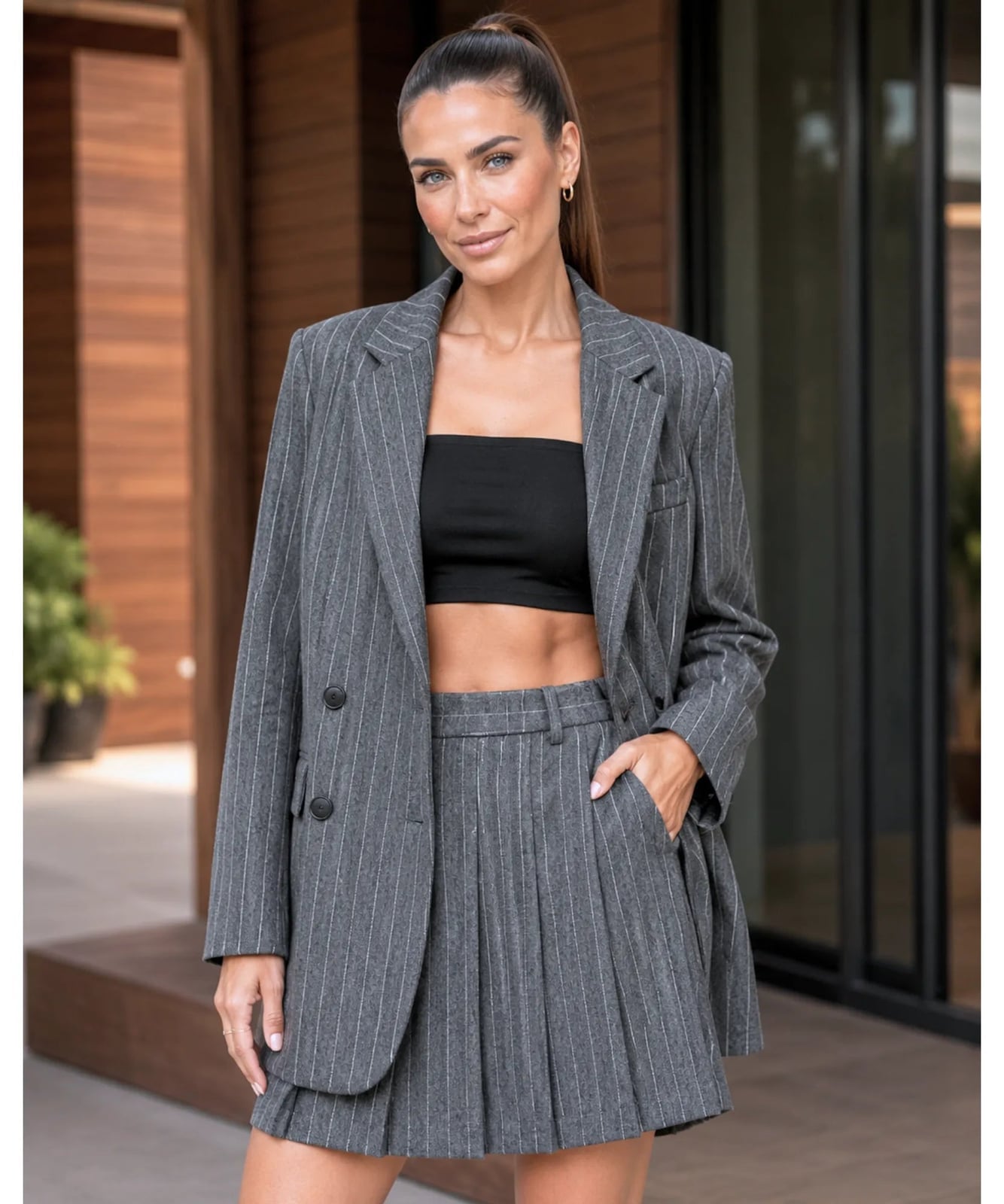 Gray Pinstripe Pleated Mini Skirt Suit — Grey Skirt Outfit