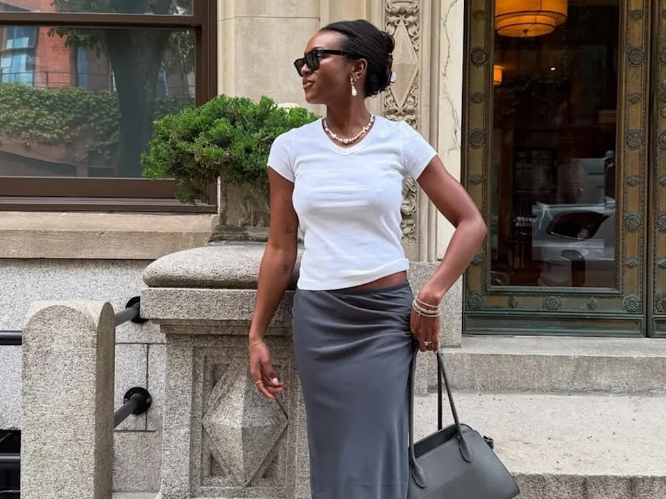 Gray Maxi Skirt With White Tee And Cardigan — Grey Skirt Outfit