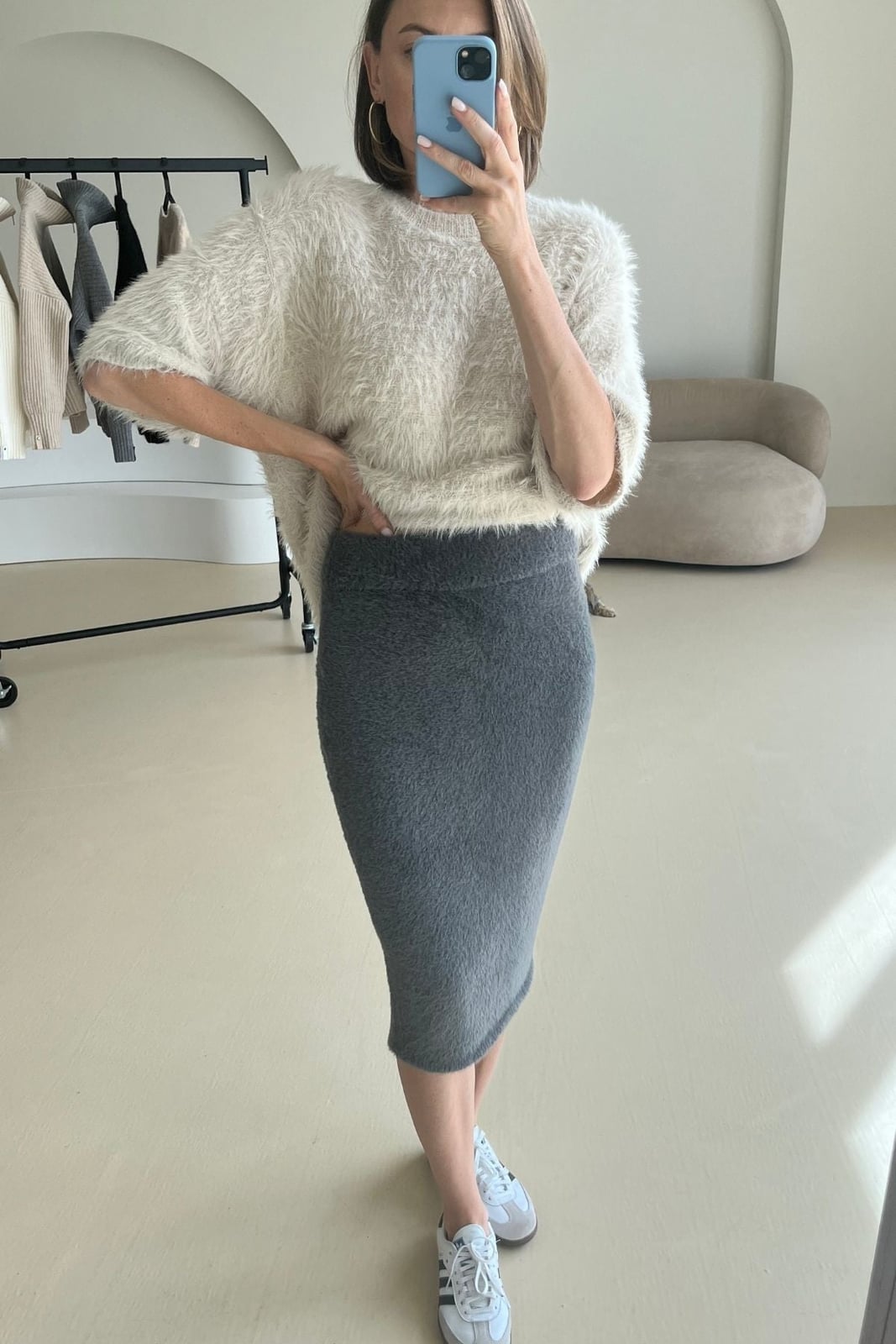 Gray Pencil Skirt In Fuzzy Knit With Sweater — Grey Skirt Outfit