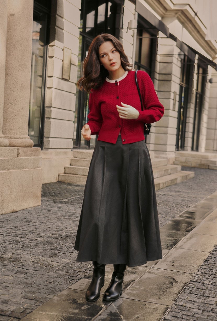 Gray Pleated Midi Skirt With Red Cardigan — Grey Skirt Outfit