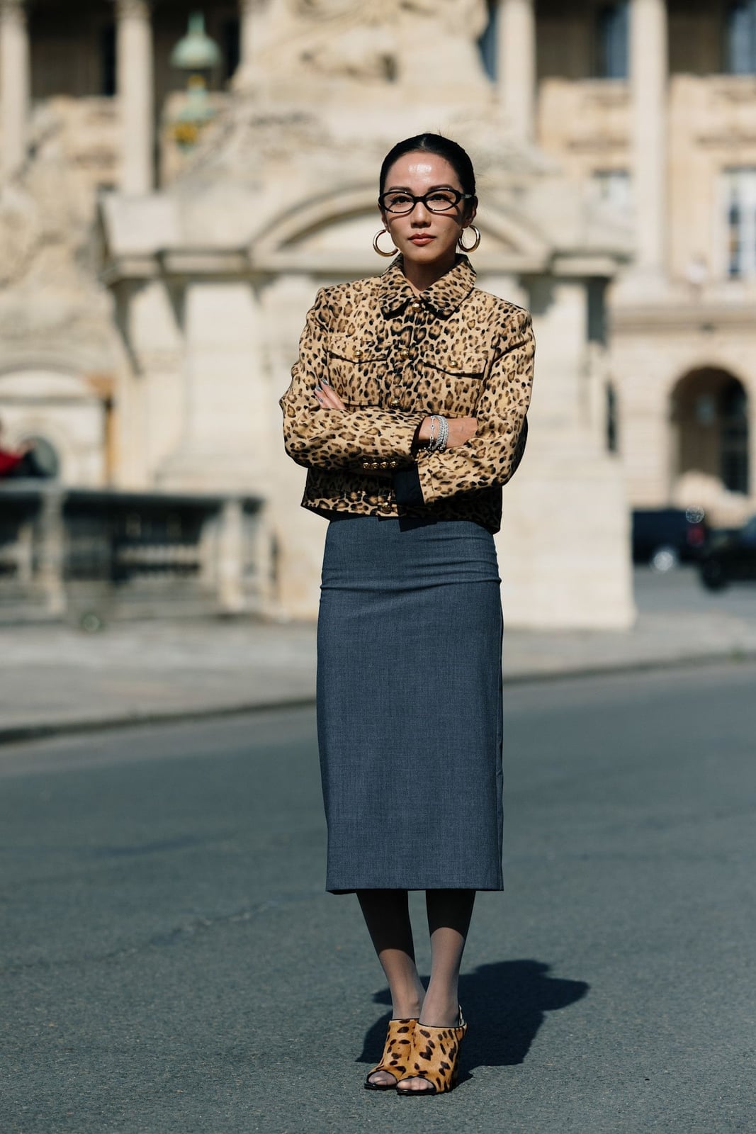 Gray Wool Pencil Skirt With Leopard Jacket — Grey Skirt Outfit