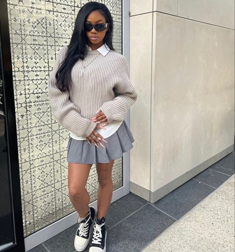 Gray Pleated Mini Skirt With Beige Sweater and High-Top Sneakers — Grey Skirt Outfit