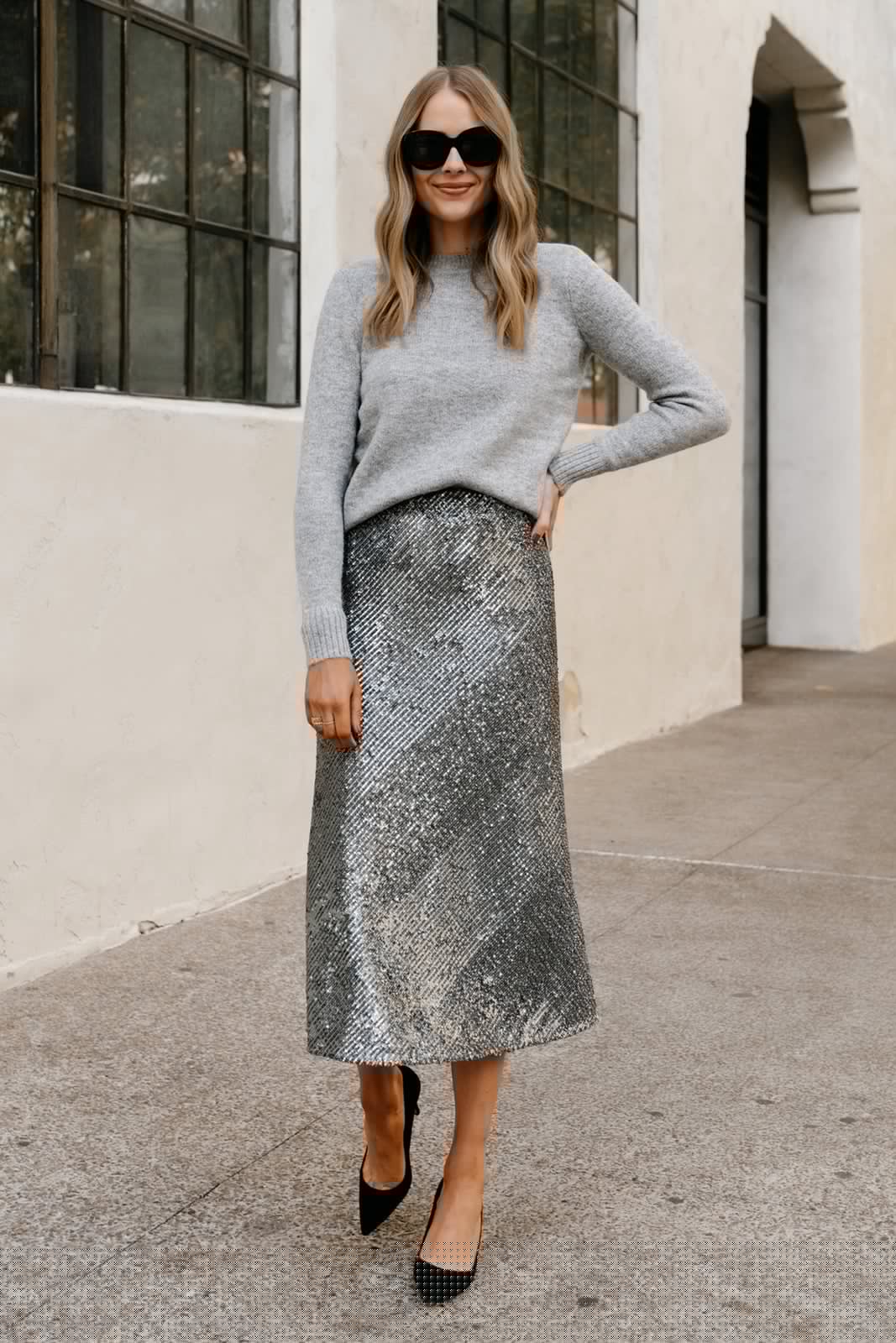 Silver Sequin Midi Skirt With Gray Sweater — Grey Skirt Outfit