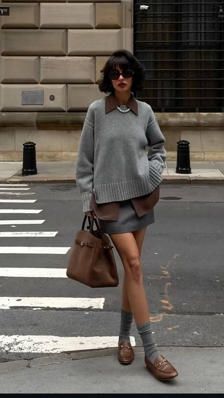 Gray Mini Skirt With Oversized Sweater And Collared Shirt — Grey Skirt Outfit