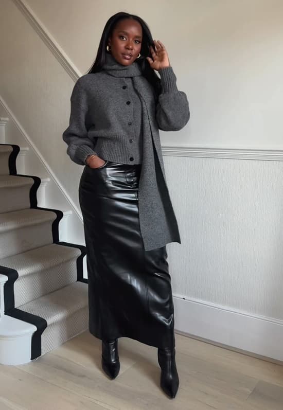 Black Faux Leather Maxi Skirt With Gray Knit — Grey Skirt Outfit