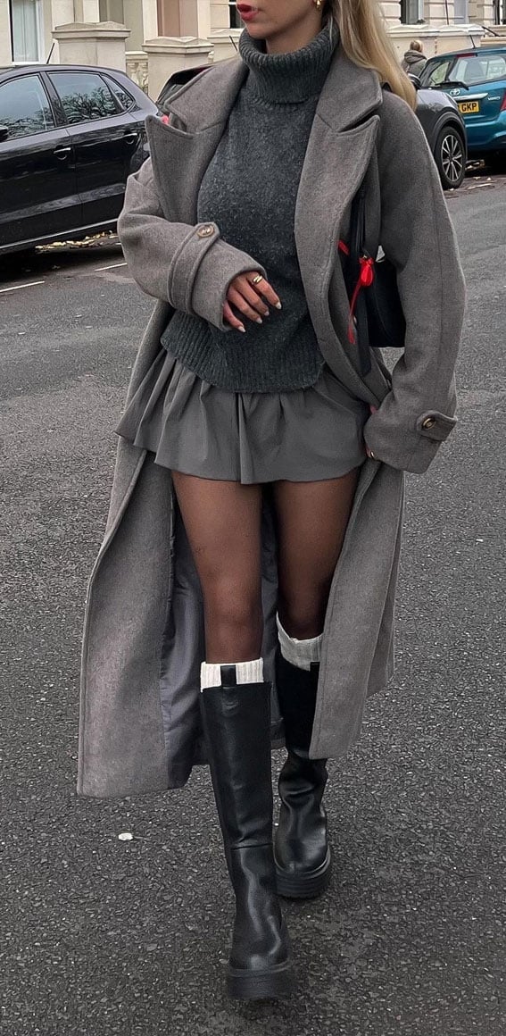 Gray Mini Skirt With Wool Coat And Knit Sweater — Grey Skirt Outfit