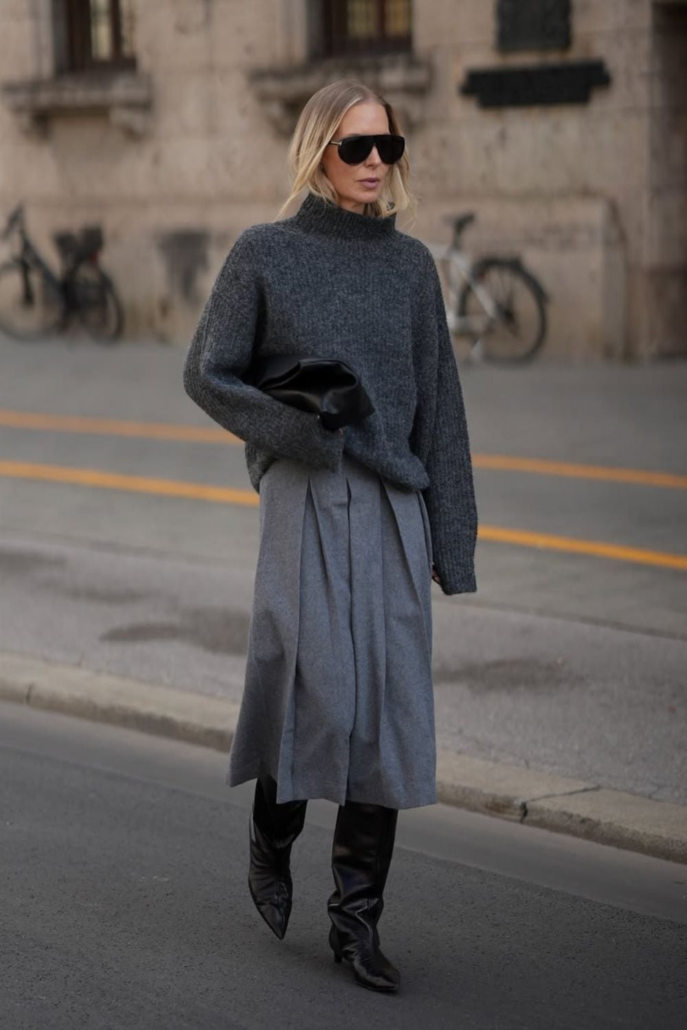 Gray Pleated Midi Skirt With Oversized Turtleneck — Grey Skirt Outfit