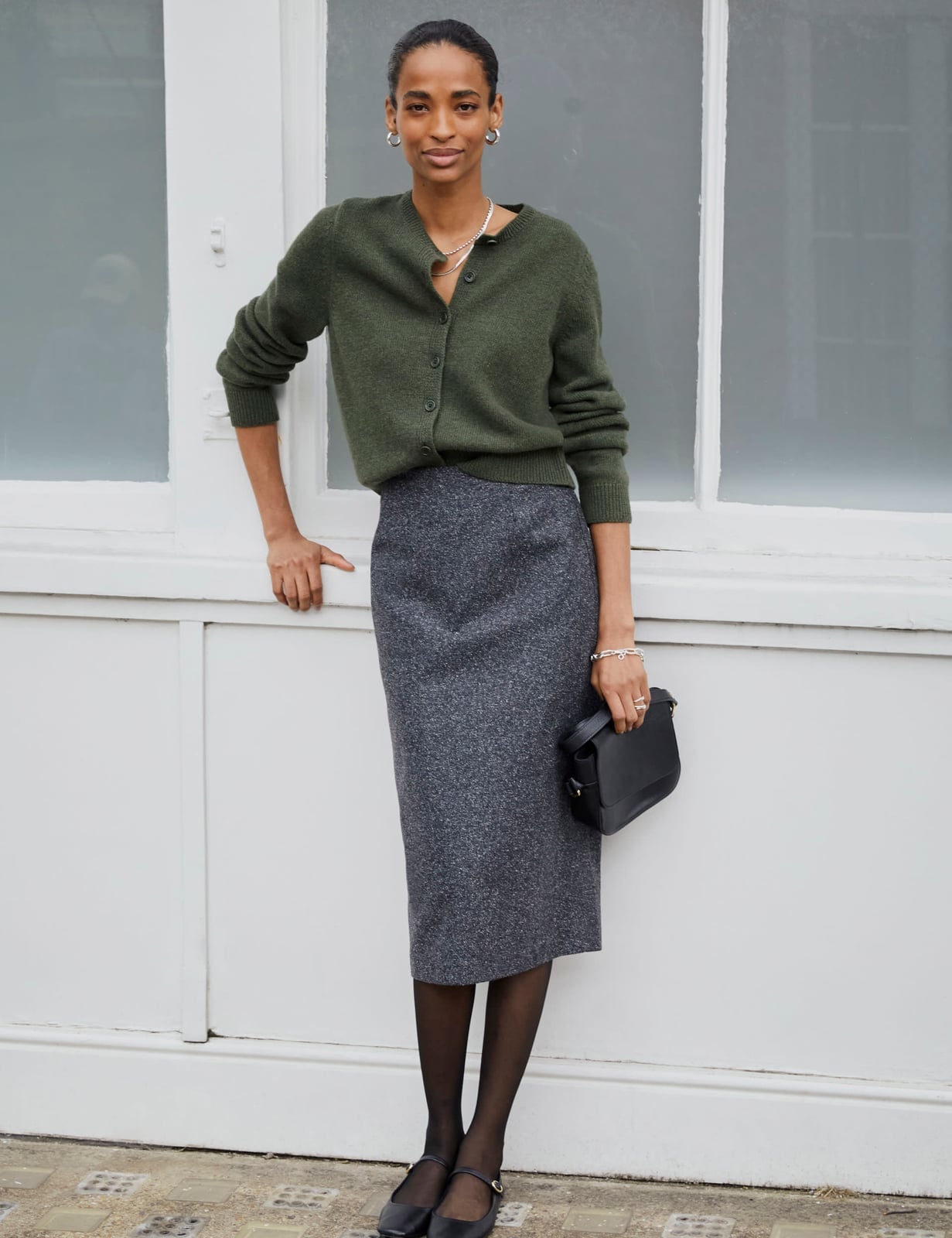 Gray Tweed Pencil Skirt With Green Cardigan and Black Ballet Flats — Grey Skirt Outfit