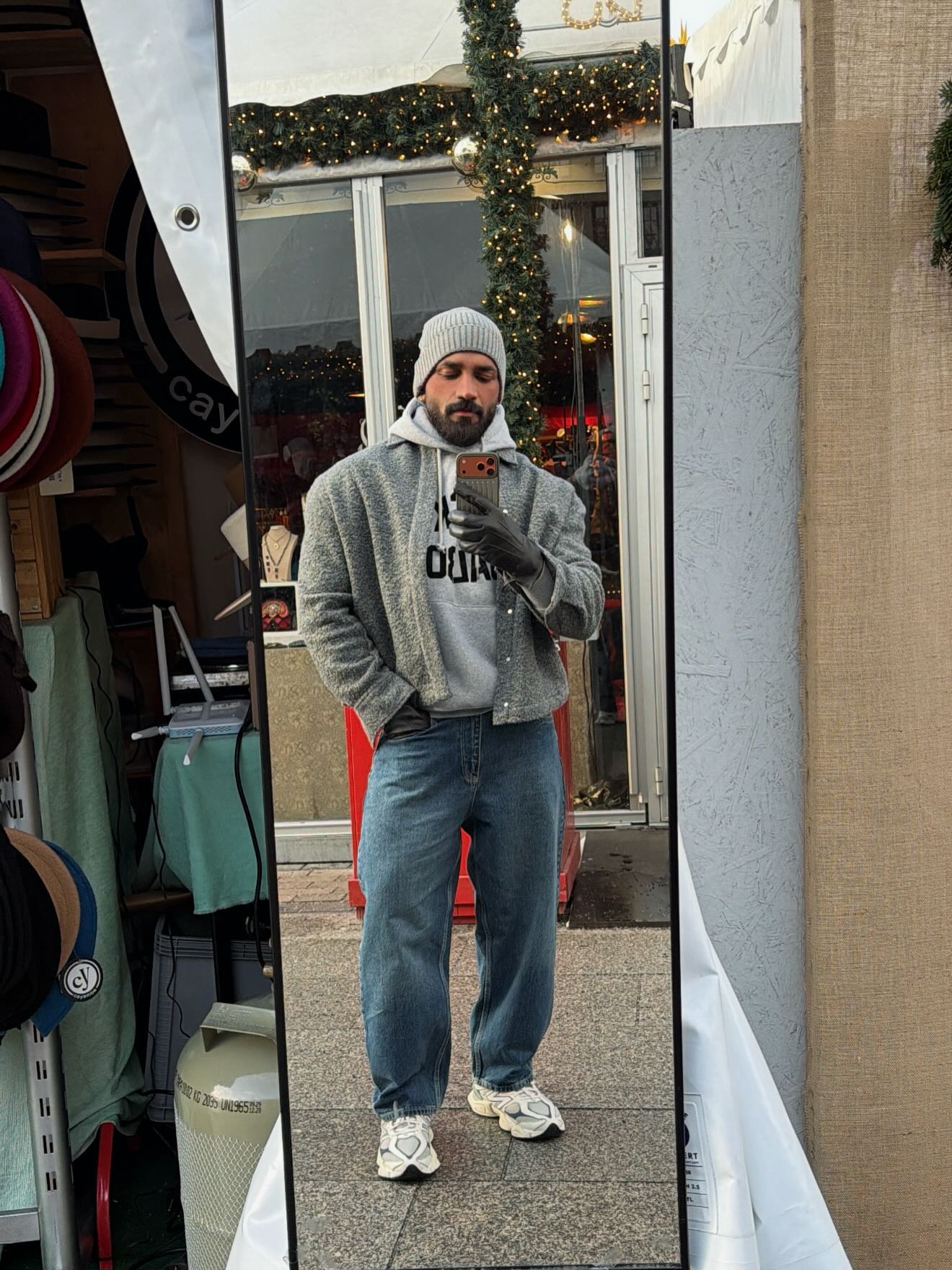 Grey Textured Jacket With Hoodie And Baggy Jeans