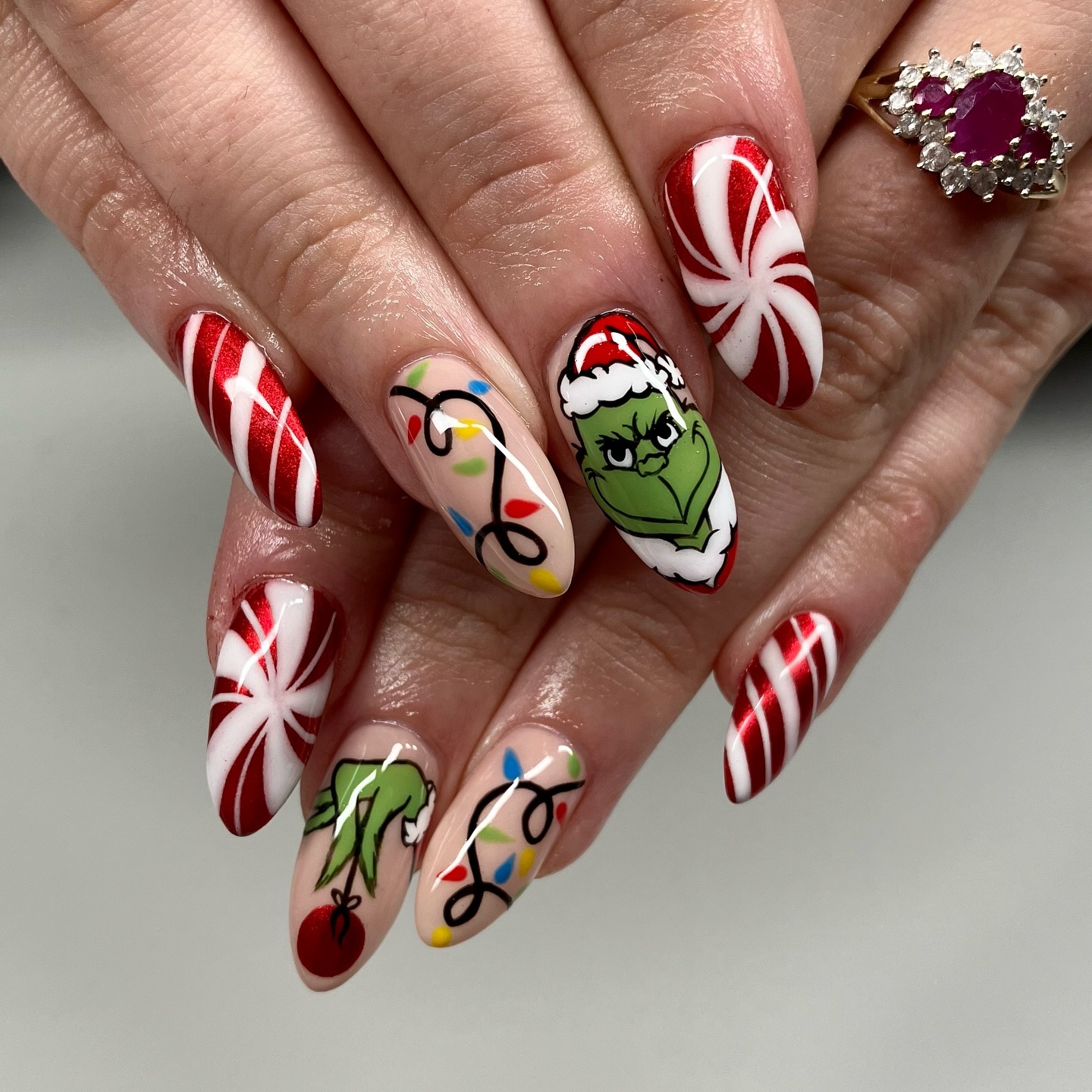 Grinch and Candy Cane Christmas Nail Art