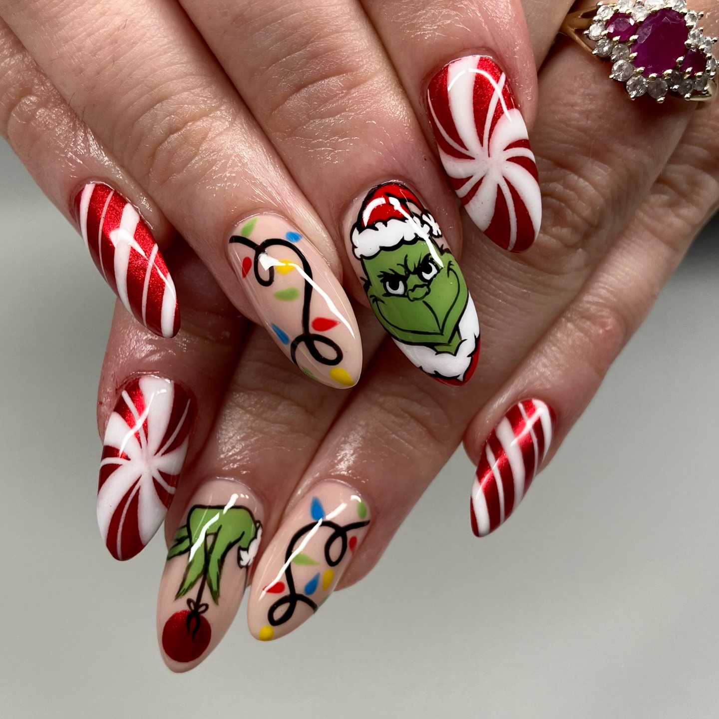 Grinch Candy Cane Christmas Almond Nails