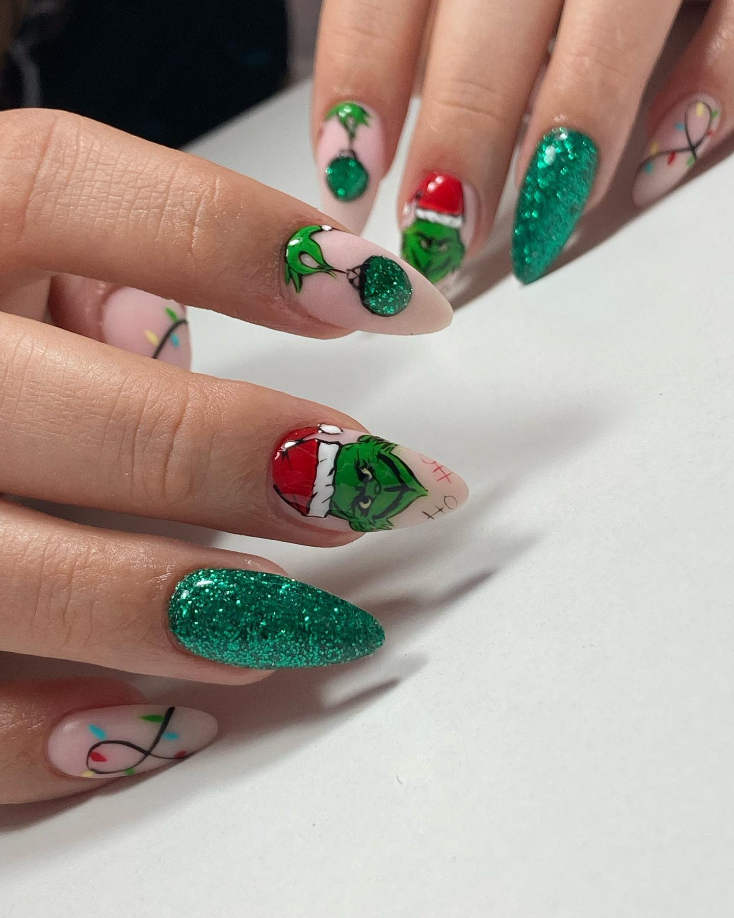 Grinch Christmas Character Almond Glitter Nails