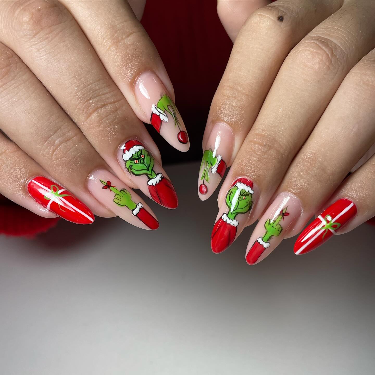 Grinch Christmas Character Almond Nail Art