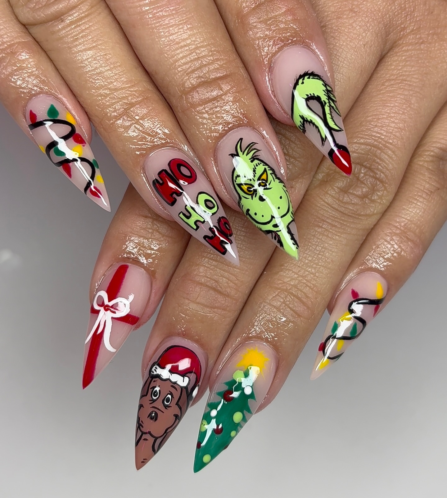 Grinch Christmas Character Stiletto Nail Art