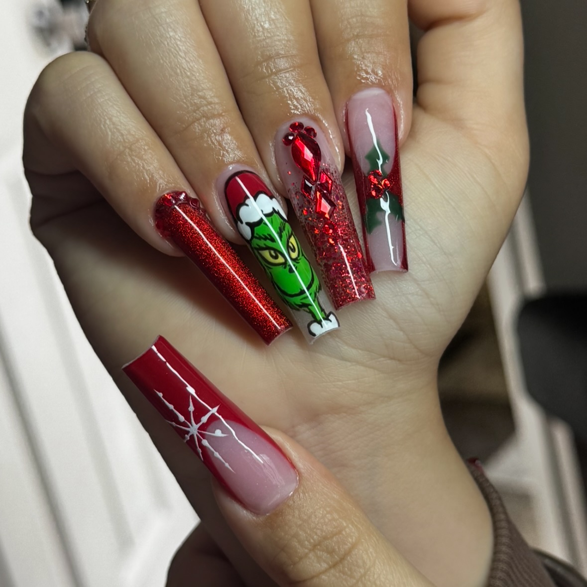 Grinch Christmas Coffin Nails With Glitter and Gem Accents