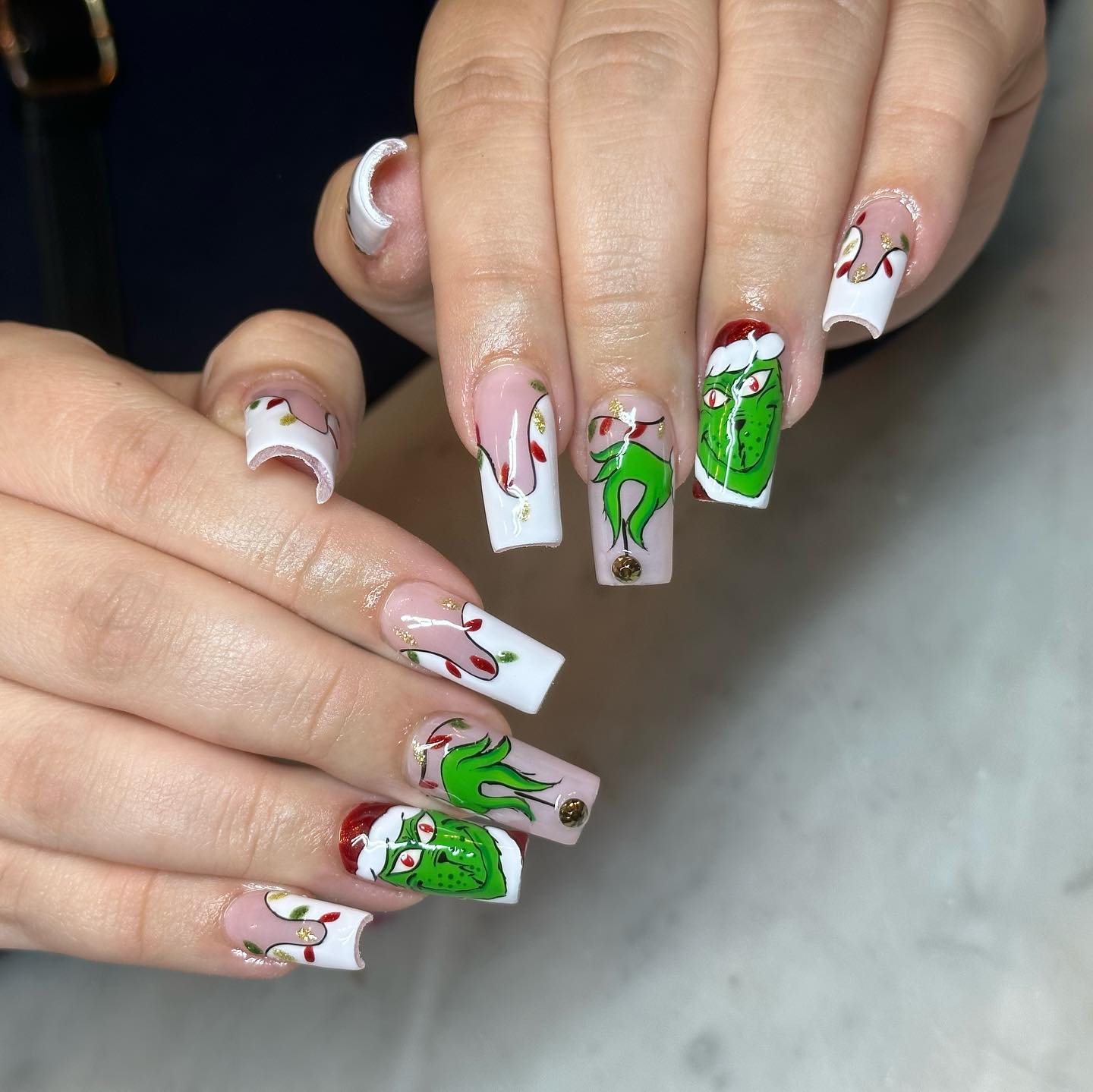 Grinch Christmas French Tip Coffin Nails