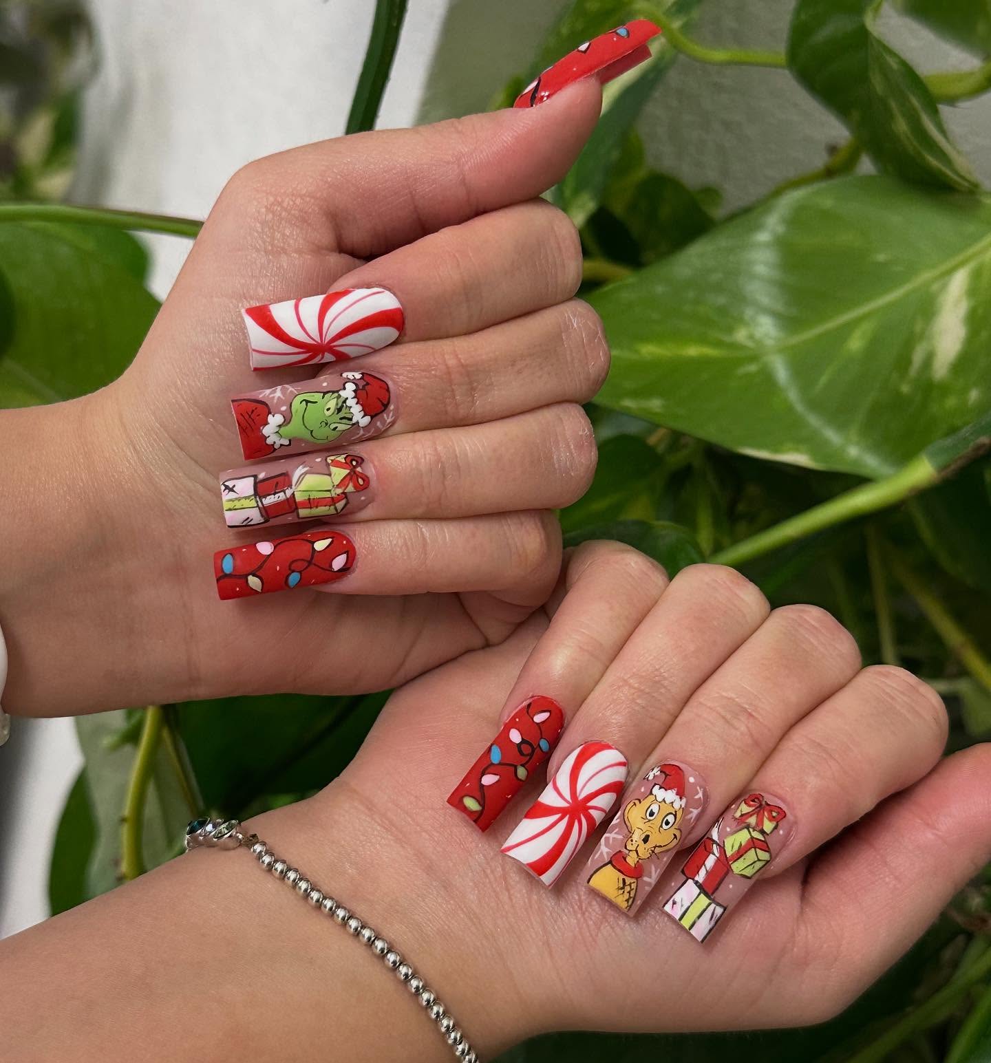Grinch Christmas Lights Candy Cane Nails
